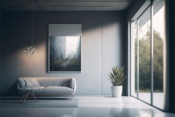  a living room with a couch and a painting on the wall and a plant in the corner of the room with a large window on the wall.  generative ai