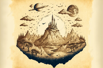 An artistic illustration representing a flat and spherical planet Earth, perfect to illustrate conspiracy theories or the evolution of mentalities.