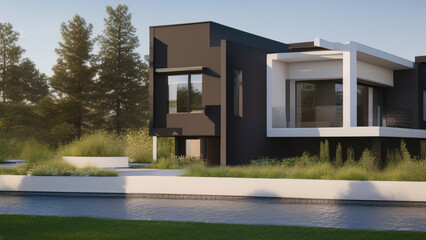 Fototapeta na wymiar modern house in the suburbs, mansion, luxurious, in the middle of the environment, Generative AI