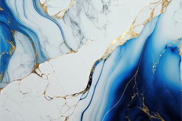  a marble table with gold and blue paint on it's surface, with a white background and gold accents on the edges of the top.  generative ai