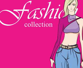 Beautiful young girl in stylish clothes. Fashion woman look. Sale concept. Hand-drawn fashion illustration. Cute girl in fashion clothes.