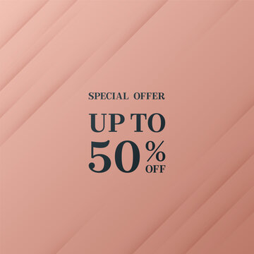 Sale up to 50% off special offer chic banners vector design. Pink gold backgrounds, black text. Stylish chic poster template, discount special offer text, 50% off banner.
