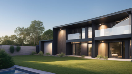 modern house in the suburbs, mansion, luxurious, in the middle of the environment, Generative AI