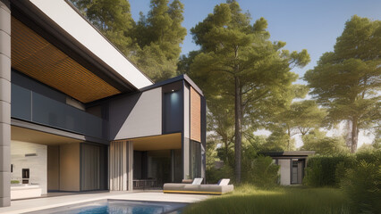 Fototapeta premium modern house in the suburbs, mansion, luxurious, in the middle of the environment, Generative AI