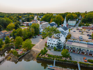 Newmarket Community Church aerial view on Main Street in historic town center of Newmarket, New Hampshire NH, USA.  