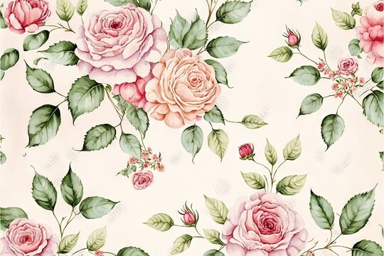  a floral wallpaper with pink roses and green leaves on a white background stock photo - image of pink roses and green leaves on a white background.  generative ai