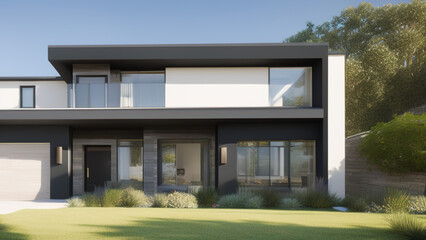 modern house in the suburbs, mansion, luxurious, in the middle of the environment, Generative AI