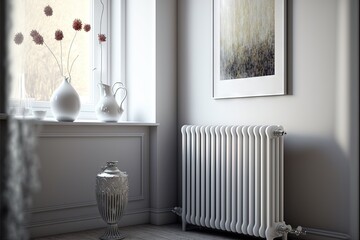  a white radiator in a room with a picture on the wall and a vase on the floor next to it and a picture on the wall.  generative ai