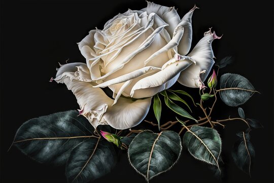  a white rose with green leaves on a black background with a black background and a white rose with green leaves on a black background with a black background.  generative ai