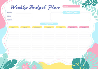 Vector illustration of beautiful weekly budget planner template with tropical background with place 