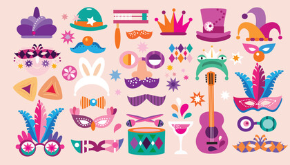 Happy Purim - holiday jewish carnival template seamless pattern Carnival mask, Hamantashen, confetti, clown, garland, crown, firework Vector festive design illustration - obrazy, fototapety, plakaty