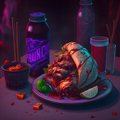 Fantasy Concept Art Meal: Professional Product Photography with Purple and Red Accents and High Key Light