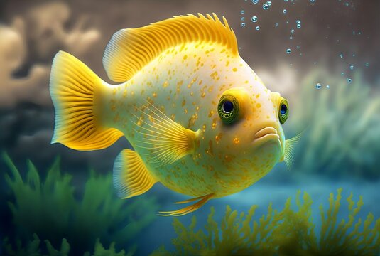 Cute realistic yellow fish on a sea background close-up.Bright yellow fish on a sea background.AI generated.