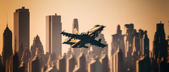 Fighter plane flying over the city. Fighter Jet. Generative AI illustration