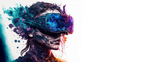 Obraz na płótnie Canvas Abstract VR headset glasses portrait with colorful double exposure paint with Generative AI.