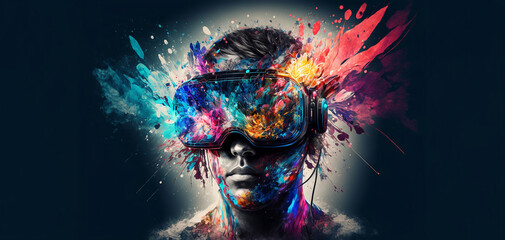 Abstract VR headset glasses portrait with colorful double exposure paint with Generative AI.