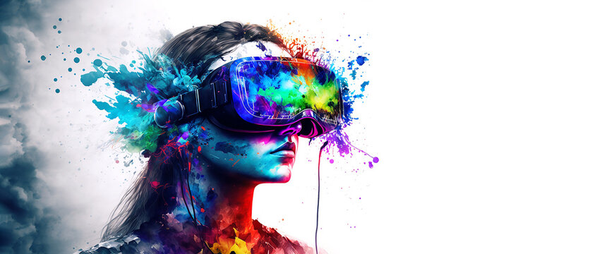 Abstract VR headset glasses portrait with colorful double exposure paint with Generative AI.