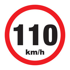Maximum Speed limit sign 110 km/h. Isolated road sign icon on white background.