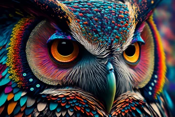 Photo sur Plexiglas Dessins animés de hibou Abstract animal Owl portrait with colorful double exposure paint with Generative AI.