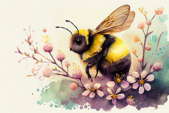 Watercolor painting of cute bumblebee flying in flowers.
Digitally generated AI image.