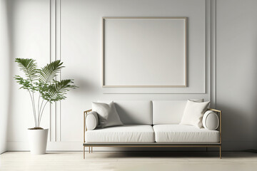 Obraz premium Minimal Living room with Home decoration. Cozy stylish with sofa and blank frame. Modern design background with Generative AI.