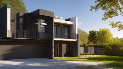 Fototapeta premium modern house in the suburbs, mansion, luxurious, in the middle of the environment, Generative AI