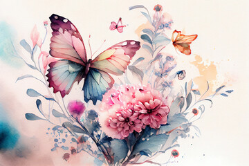 Butterfly in flowers watercolor drawing.
Digitally generated AI image.