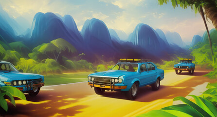 blue muscle car traveling on the road in a Vietnam jungle landscape with mountains illustration generative ai