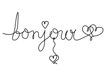 Calligraphic inscription of word "bonjour", "hello" with heart as continuous line drawing on white  background