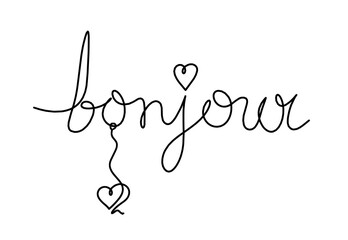 Calligraphic inscription of word "bonjour", "hello" with heart as continuous line drawing on white  background © suns07butterfly