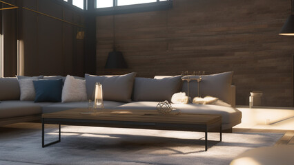 postmodern living room interior in loft, industrial style, vintage, Generative AI