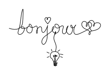 Calligraphic inscription of word "bonjour", "hello" with light bulb as continuous line drawing on white  background © suns07butterfly