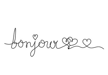 Calligraphic inscription of word "bonjour", "hello" with heart as continuous line drawing on white  background