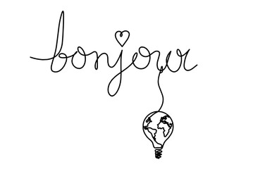 Calligraphic inscription of word "bonjour", "hello" with light bulb as continuous line drawing on white  background