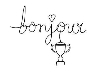 Calligraphic inscription of word "bonjour", "hello" with trophy as continuous line drawing on white  background © suns07butterfly