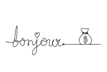 Calligraphic inscription of word "bonjour", "hello" with dollar as continuous line drawing on white  background © suns07butterfly