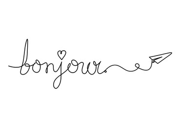 Calligraphic inscription of word "bonjour", "hello" with paper plane as continuous line drawing on white  background