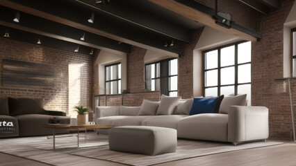 Fototapeta premium postmodern living room interior in loft, industrial style, vintage, Generative AI
