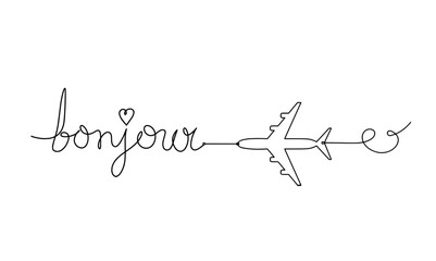 Calligraphic inscription of word "bonjour", "hello" with plane as continuous line drawing on white  background
