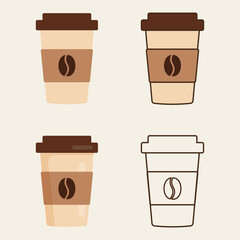 Delicious coffee paper cup icon with coffee beans. Drink vector illustration design