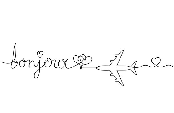 Calligraphic inscription of word "bonjour", "hello" with plane as continuous line drawing on white  background