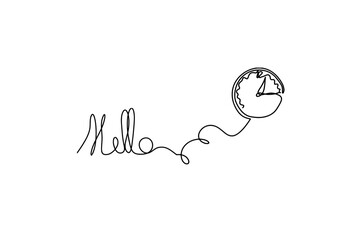 Calligraphic inscription of word "bonjour", "hello" with clock as continuous line drawing on white  background. Vector © suns07butterfly