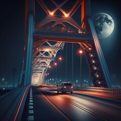 Fototapeta na wymiar Night bridge architecture city moon landmark landscape Generative AI illustration