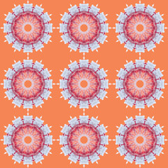 Red-orange pattern and fractal round patterns. Tile from Mandalas.
