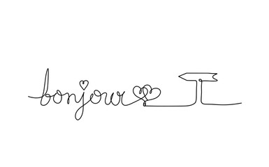 Calligraphic inscription of word "bonjour", "hello" with direction as continuous line drawing on white  background. Vector © suns07butterfly