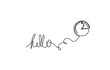 Calligraphic inscription of word "bonjour", "hello" with clock as continuous line drawing on white  background. Vector © suns07butterfly