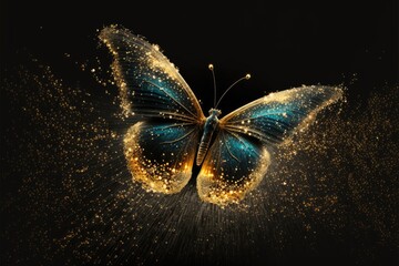 Magic night butterfly gold glitter golden dust nature background, mystical insect Generative AI illustration