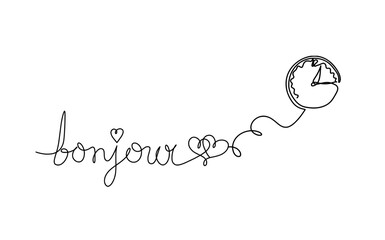 Calligraphic inscription of word "bonjour", "hello" with clock as continuous line drawing on white  background. Vector © suns07butterfly