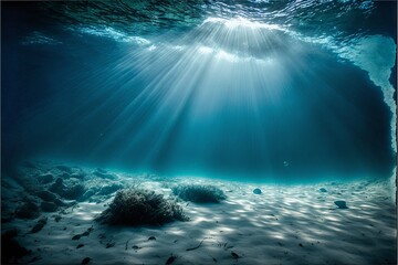 underwater background deep blue sea and beautiful light rays with sandy floor Generative AI - obrazy, fototapety, plakaty