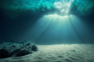 underwater background deep blue sea and beautiful light rays with sandy floor Generative AI